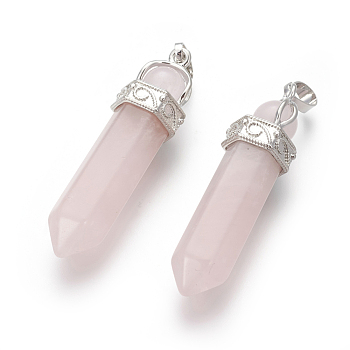 Natural Rose Quartz Pointed Pendants, with Platinum Tone Brass Findings, Bullet, 49~51x14~15x13mm, Hole: 5x8mm