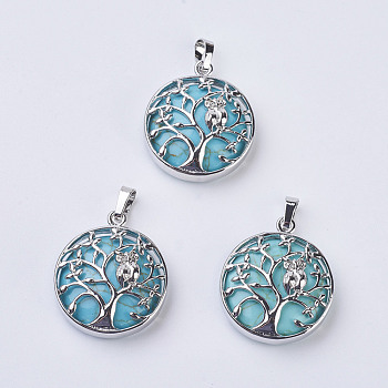 Synthetic Turquoise Pendants, with Brass Findings, Flat Round with Tree of Life, Platinum, 31~32x27x8~9mm, Hole: 5x7mm
