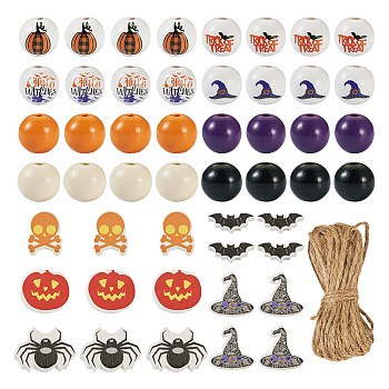 Pandahall 13 Styles Halloween Spray Painted Natural Wood Beads, Mixed Shapes, with 5M Jute Cord, Mixed Color, Bead: 8~20x1~20x1~16mm, Hole: 2~4mm