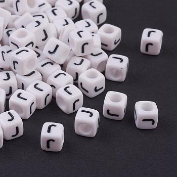 Acrylic Horizontal Hole Letter Beads, Cube, White, Letter J, Size: about 6mm wide, 6mm long, 6mm high, hole: about 3.2mm, about 2600pcs/500g