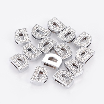Alloy Initial Slide Charms with Grade A Rhinestones, Lead Free & Nickel Free, Platinum, Letter.D, 12.5x9.5x4.5mm, Hole: 8x2mm