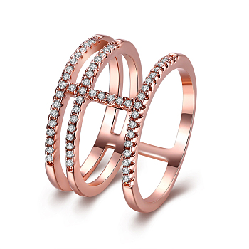 Brass Cubic Zirconia Hollow Three Loops Finger Rings For Party, Size 6, Rose Gold, 16.5mm