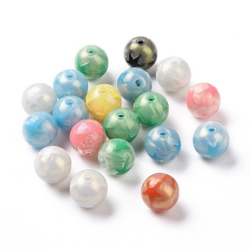Opaque Acrylic Beads, Glitter Powder, Round with Star Pattern, Mixed Color, 15.5x15mm, Hole: 3mm