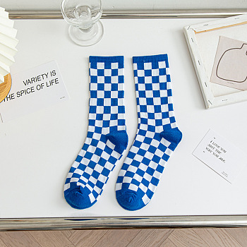 Polyester Knitting Socks, Tartan Pattern Crew Socks, Winter Warm Thermal Socks, Medium Blue, 350x130x7mm