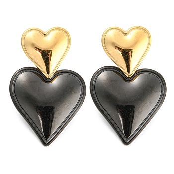 304 Stainless Steel Double Heart Dangle Stud Earrings for Women, Black, 32.5x20mm