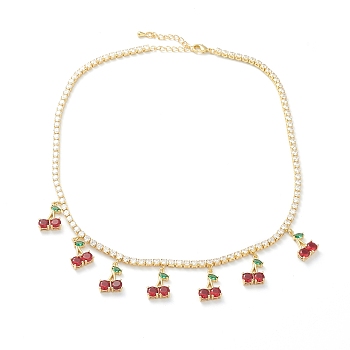 Brass Micro Pave Cubic Zirconia Choker Necklaces, with Cup Chains, Cherry, Red, Real 18K Gold Plated, 15.74 inch(40cm)