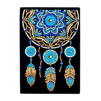 DIY Diamond Painting Notebook Kits, including PU Leather Book, Resin Rhinestones, Diamond Sticky Pen, Tray Plate and Glue Clay, Woven Net/Web with Feather, 210x150mm, 50 pages/book