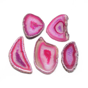 Druzy Natural Brazilian Agate Pendants, Dyed & Heated, Nuggets, Big Pendants, Hot Pink, 44~90x25~5x4.5~6mm, Hole: 1.5mm