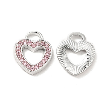 Rhinestone Pandants, with Rack Plating Platinum Alloy Findings, Nickel Free, Hollow Out Heart Charms, Light Padparadscha, 13x11x1.5mm, Hole: 2x3.5mm