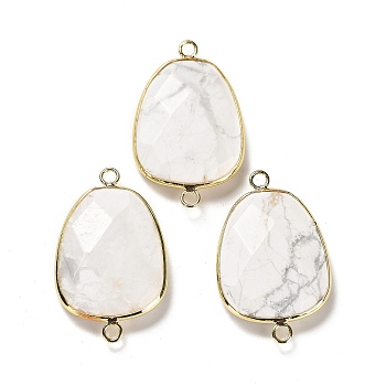 Natural Howlite Faceted Connector Charms, Rack Plating Brass Teardrop Charms, Cadmium Free & Lead Free, 33.5~34x21x6~6.5mm, Hole: 2mm