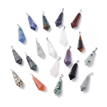Natural & Synthetic Mixed Stone Pointed Pendants, with Platinum Plated Brass Loops, Bullet, 35.3~38x13~14mm, Hole: 6.5x2.8mm