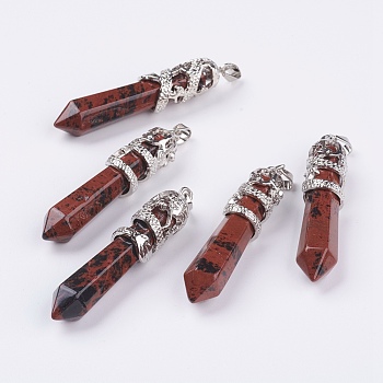 Natural Obsidian Big Pointed Pendants, with Alloy Findings, Faceted, Bullet, Platinum, 59~63x11~12mm, Hole: 4x7mm