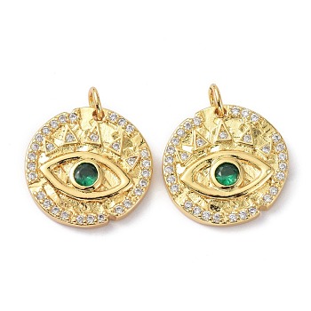 Brass Clear and Green Cubic Zirconia  Pendants, with Jump Ring, Long-Lasting Plated, Lead Free & Cadmium Free, Flat Round with Eye Pattern, Real 18K Gold Plated, Green, 18x3.5mm, Jump Ring: 5x0.8mm, 3.5mm Inner Diameter