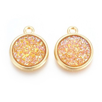 Resin Pendants, with Golden Tone Alloy Findings, Flat Round, Sandy Brown, 18x15x3.5~4mm, Hole: 1.8mm
