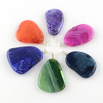 Teardrop Dyed Natural Crackle Agate Pendants with Silver Color Plated Iron Clasps, Mixed Color, 47~50x27~43x6~8mm, Hole: 6x4mm