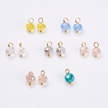Electroplated Glass Charms, with Brass Findings, Rondelle, Faceted, Golden, Mixed Color, 9.5x5.5~6mm, Hole: 2mm