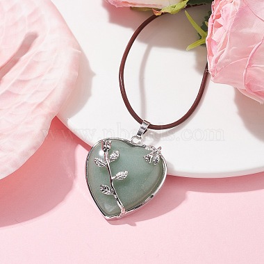 Ожерелье с подвеской в виде сердца из натурального зеленого авантюрина со шнурками из воловьей кожи(NJEW-JN04598-03)-2