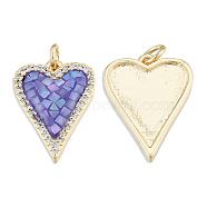 Brass Micro Pave Clear Cubic Zirconia Pendants, with Jump Rings and Shell, Enamel, Real 18K Gold Plated, Nickel Free, Heart, Medium Purple, 20x14.5x3mm, Jump Ring: 5x1mm, 3mm inner diameter(KK-N227-93A)