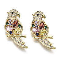 Hollow Brass Micro Pave Colorful Cubic Zirconia Pendants, Nickel Free, Parrot Shape, Real 16K Gold Plated, 29x12.5x5mm, Hole: 3mm(ZIRC-S067-086-NF)