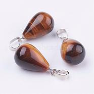 Natural Tiger Eye Pendants, with Platinum Tone Brass Findings, Drop, 24~24.5x14mm, Hole: 5x7mm(G-K187-04E)