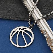 201 Stainless Steel Laser Cut Basketball Pendant Box Chain Necklaces for Women Men, Stainless Steel Color, 23.62 inch(60cm)(NJEW-Q004-04P)