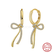 925 Sterling Silver Micro Pave Clear Cubic Zirconia Hoop Earrings, Bowknot, Real 14K Gold Plated, 31x11mm(STER-P065-08G)