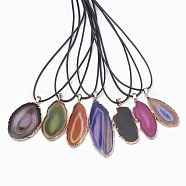 Dyed Natural Brazilian Agate Pendant Necklaces, with Leather Cord and Brass Iron Findings, Nugget, Platinum & Golden, Mixed Color, 17.67 inch(45cm), 1.5mm, Pendant: 45~70x20~32x4mm(G-T104-10)