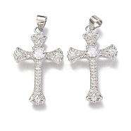 Brass Micro Pave  Clear Cubic Zirconia Pendants, Cross, Real Platinum Plated, 31x18x4mm, Hole: 3x4mm(ZIRC-O038-02P)