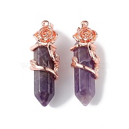 Natural Amethyst Pointed Pendants, Faceted Bullet Charms, with Rack Plating Rose Gold Plated Alloy Rose Findings, Cadmium Free & Lead Free, 47~49.5x16.5x16mm, Hole: 8x5mm(G-L524-13RG-06)
