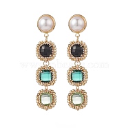 Glass Rectangle Beaded Long Dangle Stud Earrings with Imitation Pearl, Gold Plated Brass Bohemia Jewelry for Women, Light Green, 60mm, Pin: 0.8mm(EJEW-TA00141-01)
