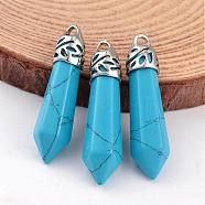 Dyed Bullet Synthetic Turquoise Pendants, with Platinum Tone Alloy Findings, 33~40x8~10mm, Hole: 3x2mm(G-E332-C10)