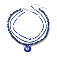 3Pcs 3 Style Lampwork Evil Eye Pendant Necklaces Set, Natural Lapis Lazuli & Glass Seed Beaded Stackable Necklaces for Women, Blue, 16.89~21 inch(42.9~53.5cm), 1Pc/style(NJEW-JN04016)