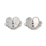 Brass Micro Pave Clear Cubic Zirconia Connector Charms, with Shell, Heart Shaped Wing Links, Real Platinum Plated, 12x17.5x3.5mm, Hole: 1mm(KK-P260-19P-02)