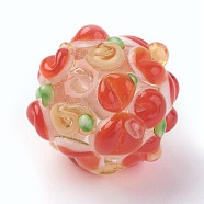 Handmade Lampwork Beads, Rondelle with Flower, Bumpy, Orange Red, 14~15x12~13mm, Hole: 1.5~1.8mm(LAMP-P051-H09)