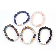 Natural Gemstone and Natural Dyed Lava Rock Stretch Bracelets Sets, Frosted, Round, 2-1/8 inch(5.5cm), 5pcs/set(BJEW-JB03798)
