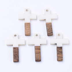 Resin & Walnut Wood Pendants, Cross, Creamy White, 26x16x3mm, Hole: 1.8mm(X-RESI-N025-012A-B05)