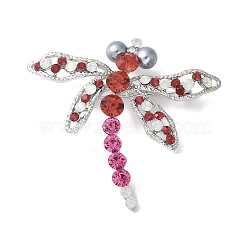 Dragonfly Alloy Rhinestone Brooches for Backpack Clothes, Platinum, FireBrick, 61x68mm(JEWB-M067-06P-01)