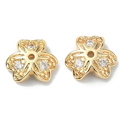 Brass Pave Clear Cubic Zirconia Bead Caps, 3-Petal, Flower, Real 18K Gold Plated, 8x8x2.5mm, Hole: 1mm(KK-B072-20G)