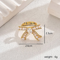 Elegant Brass Clear Cubic Zirconia Bowknot Ring, with Plastic Imitation Pearls for Women, Golden, US Size 6(16.5mm)(LY5283-1)