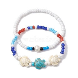 Summer Beach Turtle Synthetic Turquoise & Pearl Bracelet Sets, 4mm Round Glass Seed Beaded Stackable Stretch Bracelets for Women, Turtle, Inner Diameter: 2-1/8 inch(5.5cm), 1pc/style(BJEW-JB10347-02)