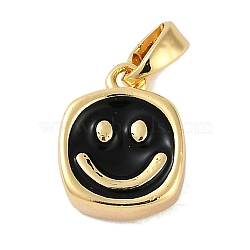 Brass Enamel Charms, Real 18K Gold Plated, Flat Round with Smile Face Charm, Black, 12.5x9.5x4mm, Hole: 4x2mm(KK-P283-25G)