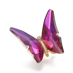 Brass Micro Pave Clear Cubic Zirconia Brooches, with Faceted Glass and Cardboard Boxes, Back Plated, Butterfly, Golden, Deep Pink, 43x45x26mm, Pin: 0.8mm(JEWB-L012-L-A06)