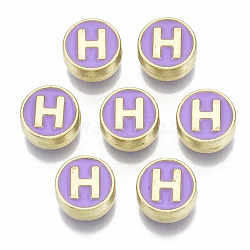 Alloy Enamel Beads, Cadmium Free & Nickel Free & Lead Free, Flat Round with Initial Letters, Light Gold, Letter.H, 8x4mm, Hole: 1.5mm(ENAM-S122-028H-NR)