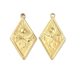 Ion Plating(IP) 304 Stainless Steel Pendants, Rhombus with Sun & Star Charm, Real 18K Gold Plated, 25.5x14x2mm, Hole: 1.6mm(STAS-L020-038G)