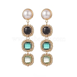 Glass Rectangle Beaded Long Dangle Stud Earrings with Imitation Pearl, Gold Plated Brass Bohemia Jewelry for Women, Light Green, 60mm, Pin: 0.8mm(EJEW-TA00141-01)