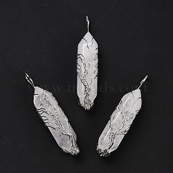 Natural Quartz Crystal Big Pendants, Platinum Tone Copper Wire Wrapped, Cadmium Free & Lead Free, Bullet, 50.5x14.5x12mm, Hole: 5.5mm(G-I322-02P-07)