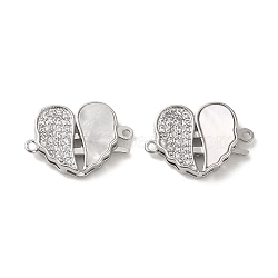 Brass Micro Pave Clear Cubic Zirconia Connector Charms, with Shell, Heart Shaped Wing Links, Real Platinum Plated, 12x17.5x3.5mm, Hole: 1mm(KK-P260-19P-02)