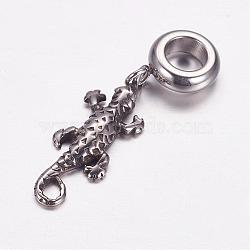 304 Stainless Steel European Dangle Charms, Large Hole Pendants, Lizard, Antique Silver, 34mm, Hole: 5mm, Pendant: 23x8.5x2.5mm(OPDL-G005-08AS)