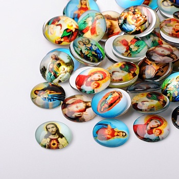Jesus and the Virgin Printed Glass Half Round/Dome Cabochons, Mixed Color, 14x5mm