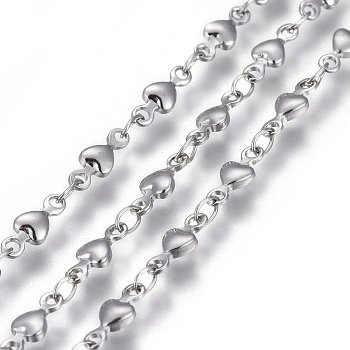 304 Stainless Steel Link Chains, Soldered, Heart, Stainless Steel Color, 8.5x3x1.5mm